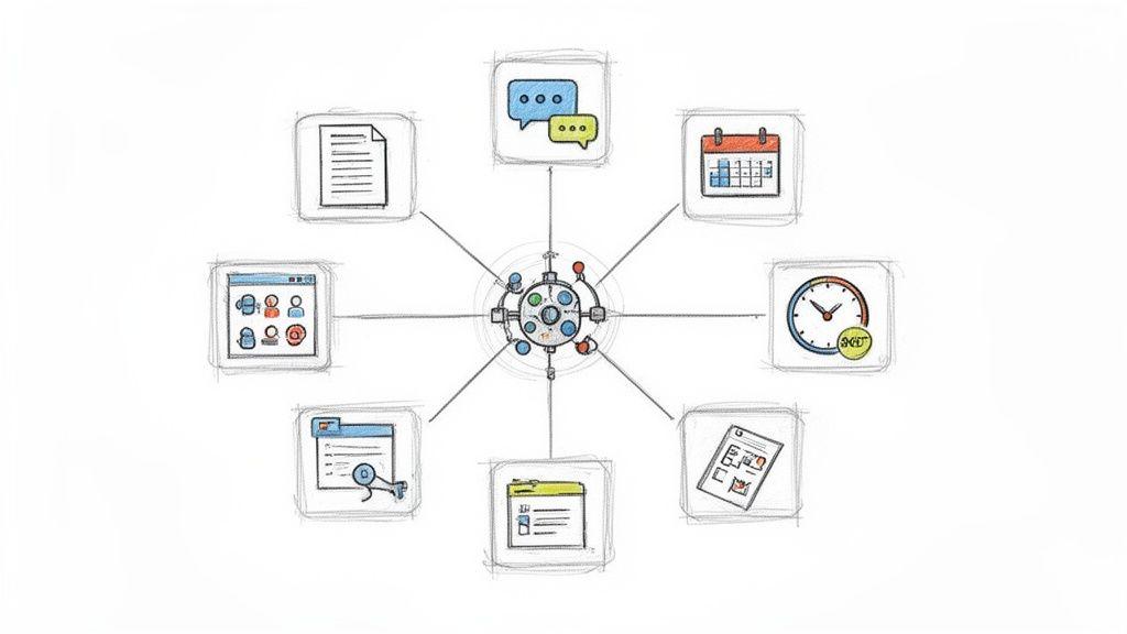 A central hub connects various business application icons: document, chat, calendar, clock, users, security, tasks, and data, illustrating integrated workflow.