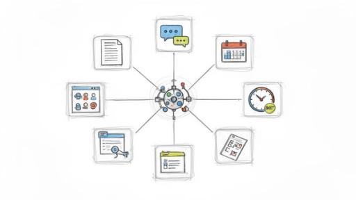 A central hub connects various business application icons: document, chat, calendar, clock, users, security, tasks, and data, illustrating integrated workflow.