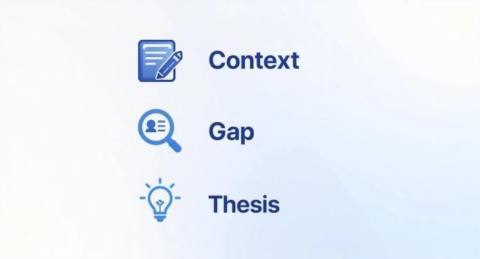 Blue icons and text list 'Context', 'Gap', and 'Thesis' representing key writing elements.