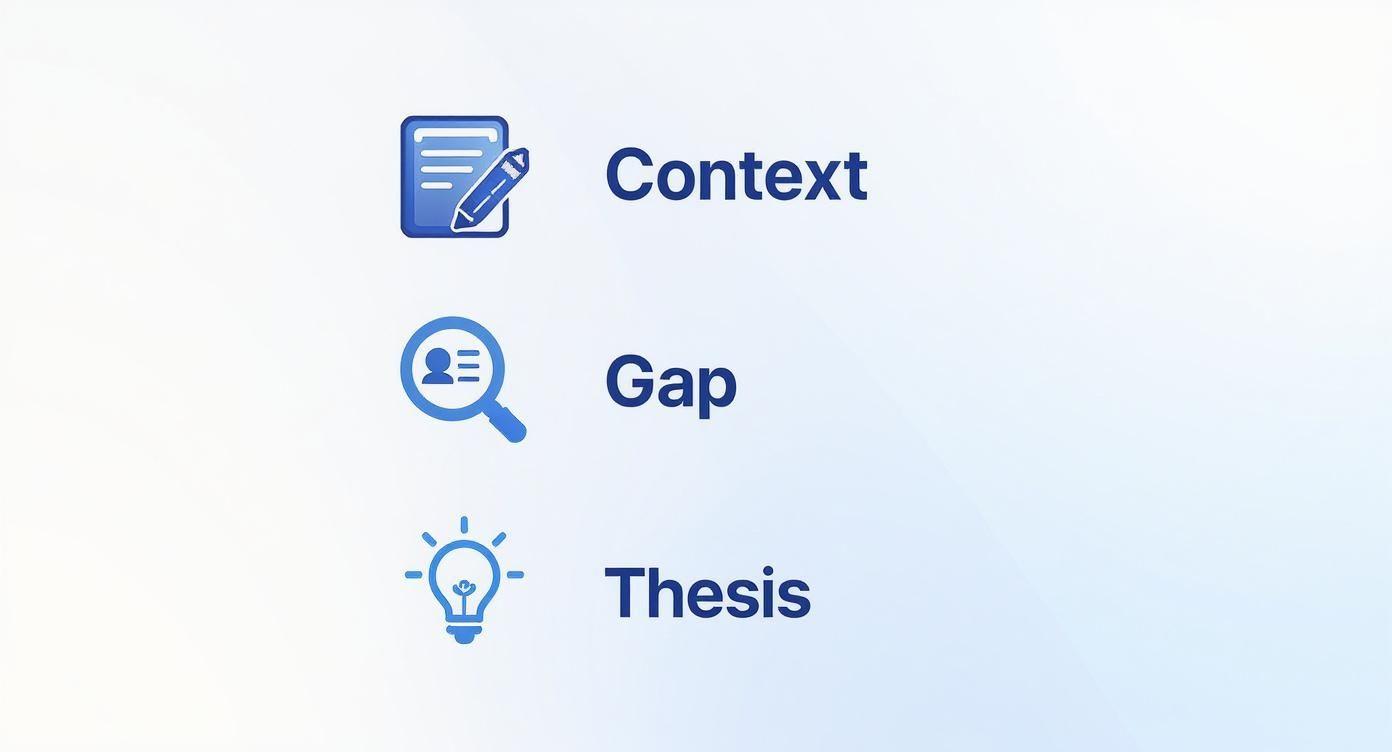 Blue icons and text list 'Context', 'Gap', and 'Thesis' representing key writing elements.