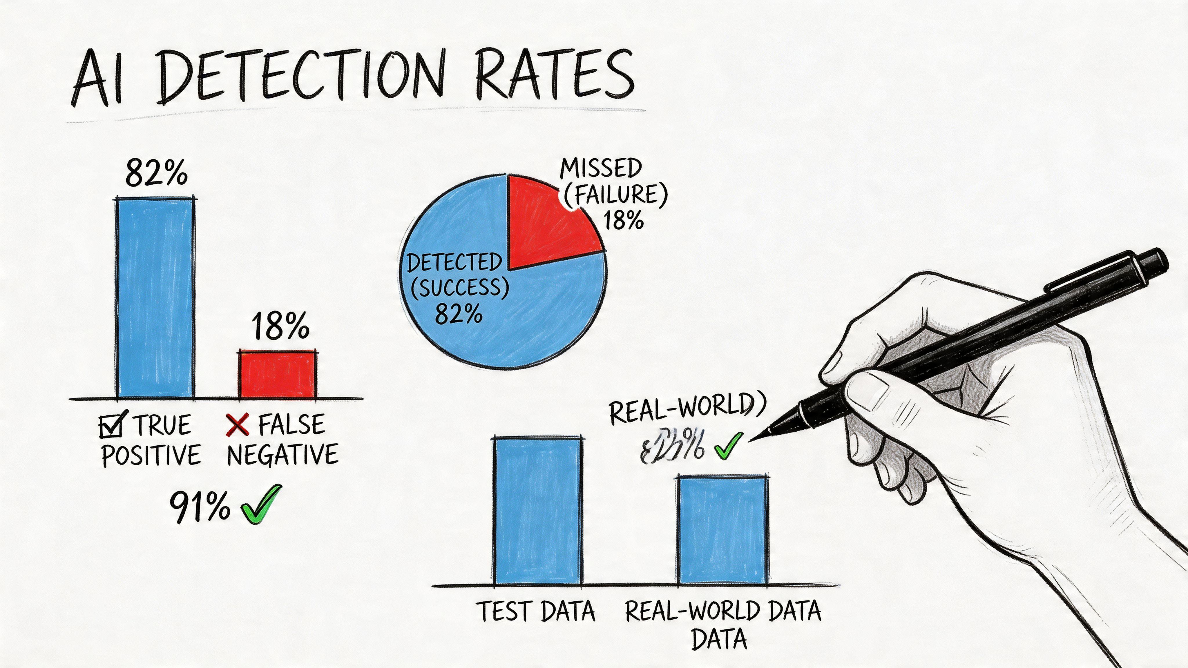 A hand-drawn illustration showing AI detection rates with bar charts, pie charts, and statistics data visualization.