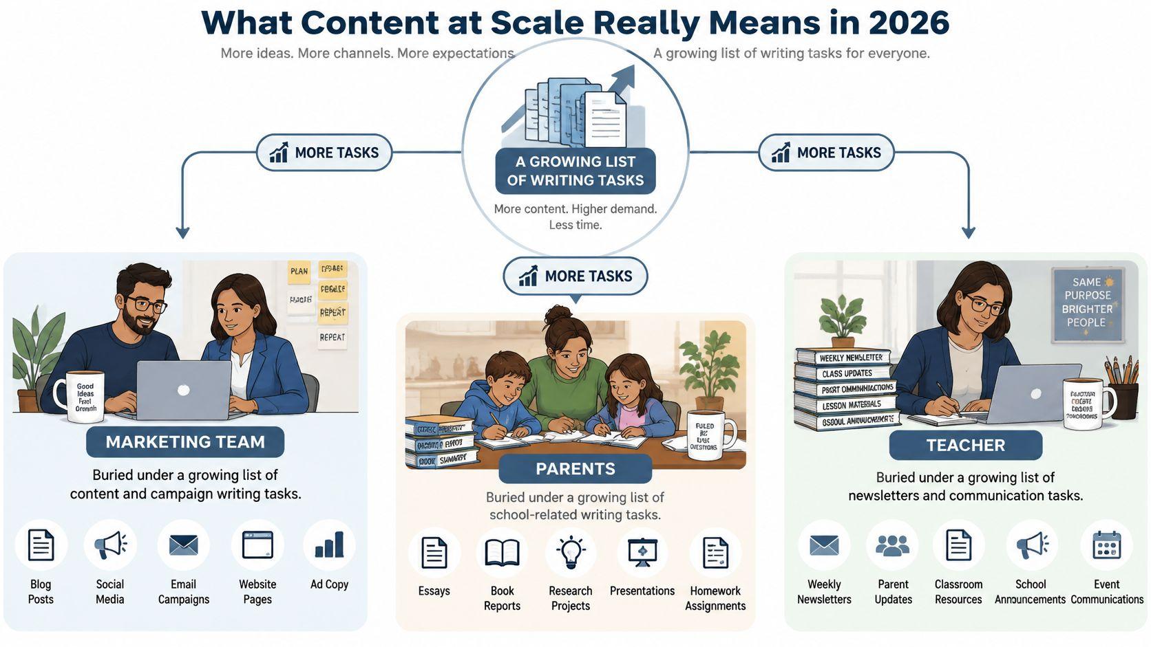 A diagram showing how marketing teams, parents, and teachers face increasing writing tasks in 2026.