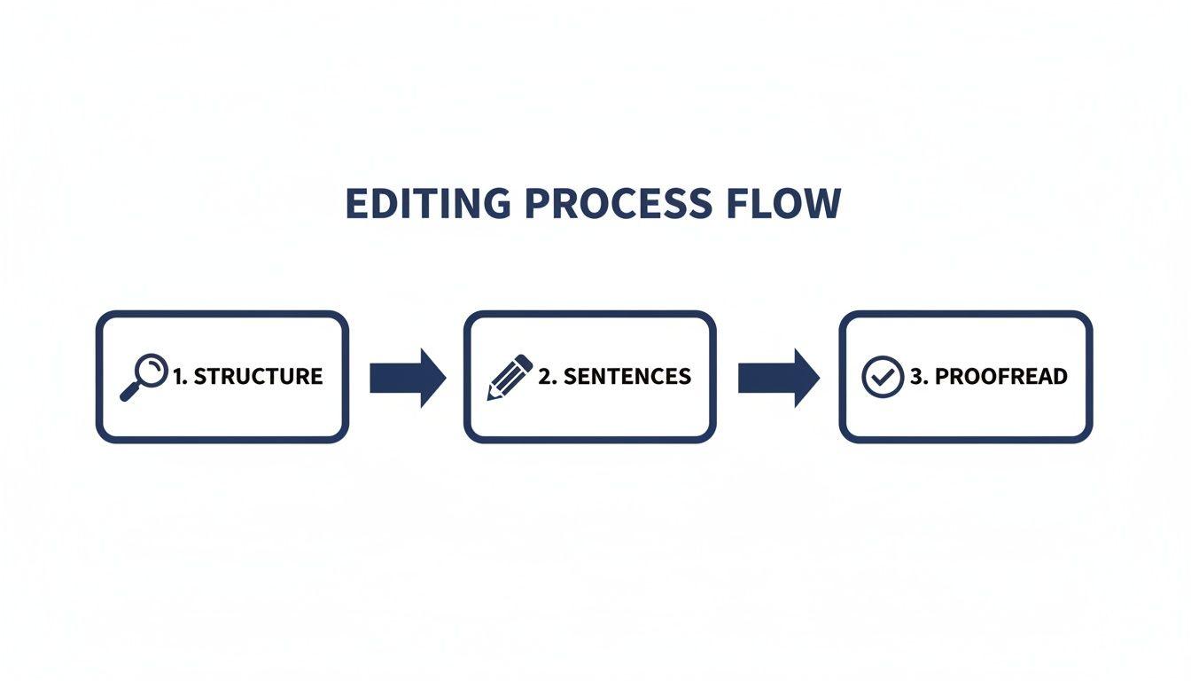 A flow diagram illustrating the three steps of an editing process: structure, sentences, and proofread.