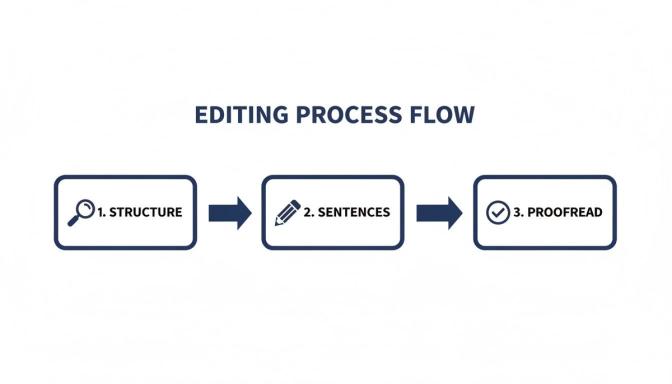 A flow diagram illustrating the three steps of an editing process: structure, sentences, and proofread.