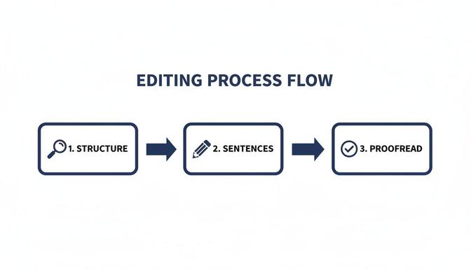 A flow diagram illustrating the three steps of an editing process: structure, sentences, and proofread.