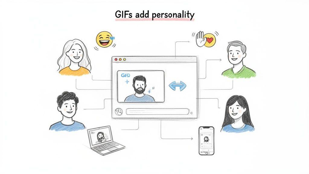 A diagram illustrating how GIFs add personality to online conversations across different devices and users.