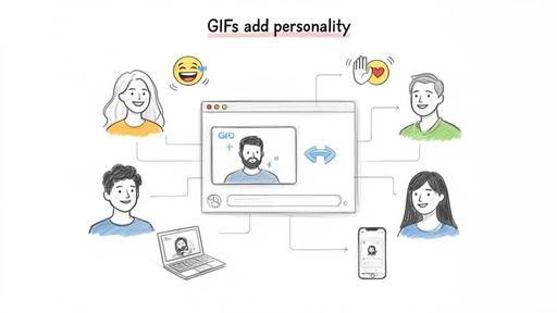 A diagram illustrating how GIFs add personality to online conversations across different devices and users.