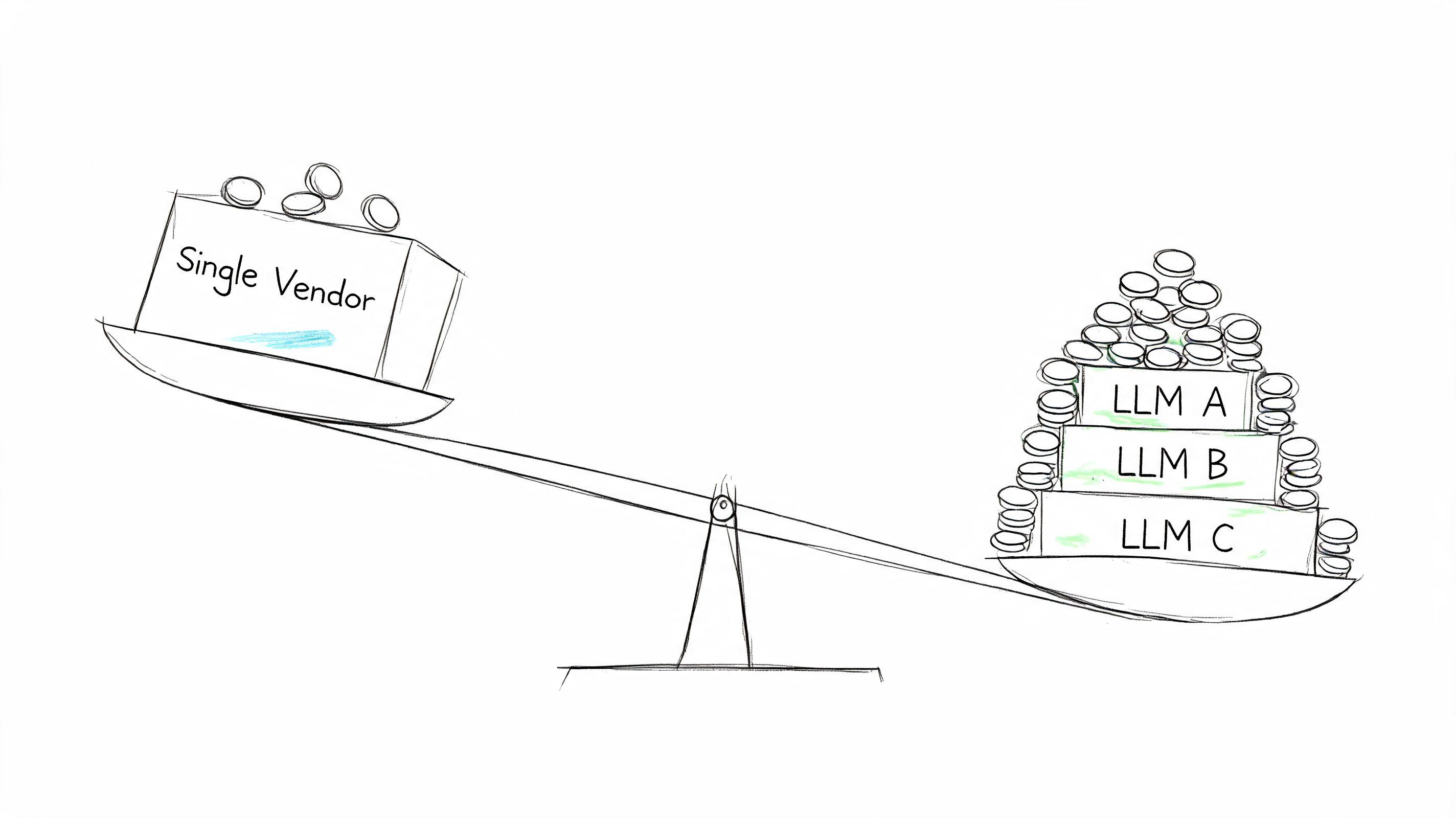 A hand-drawn balance scale comparing a single vendor to a multi-model LLM architecture using coins.