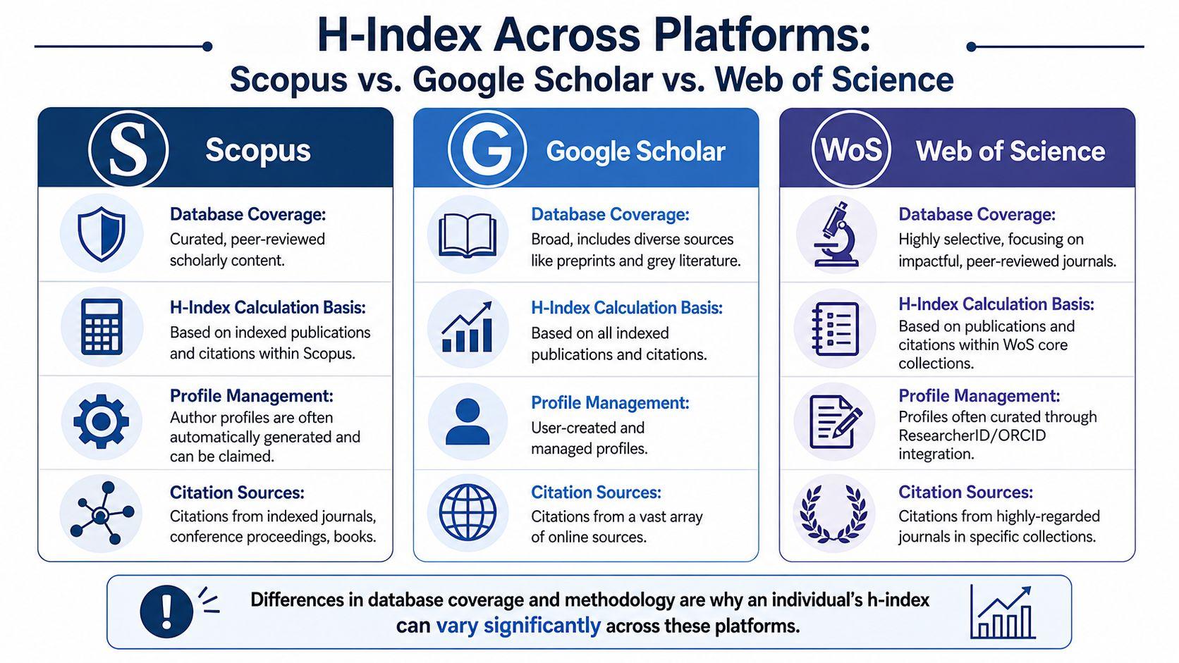A comparison chart showing how h-index scores differ between Scopus, Google Scholar, and Web of Science databases.