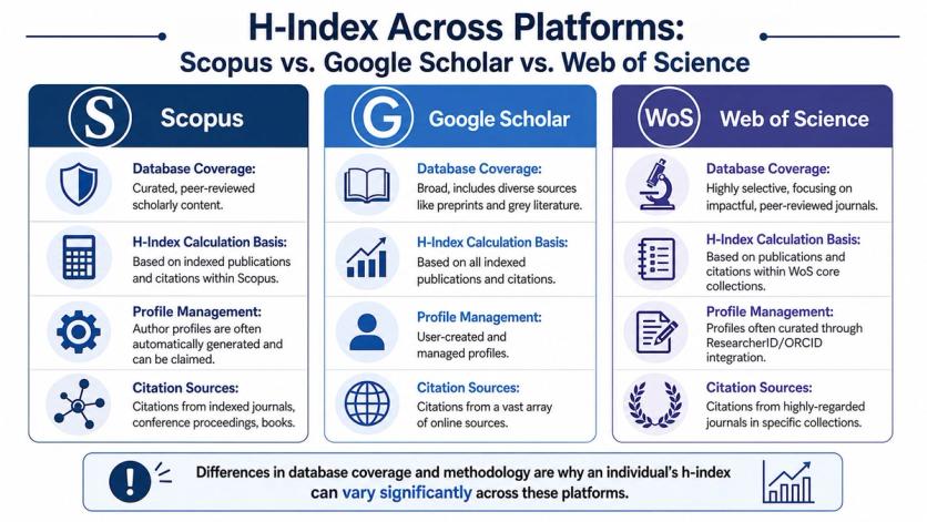 A comparison chart showing how h-index scores differ between Scopus, Google Scholar, and Web of Science databases.