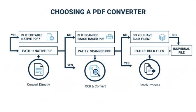 A flowchart explaining how to choose a PDF converter based on file type and quantity.