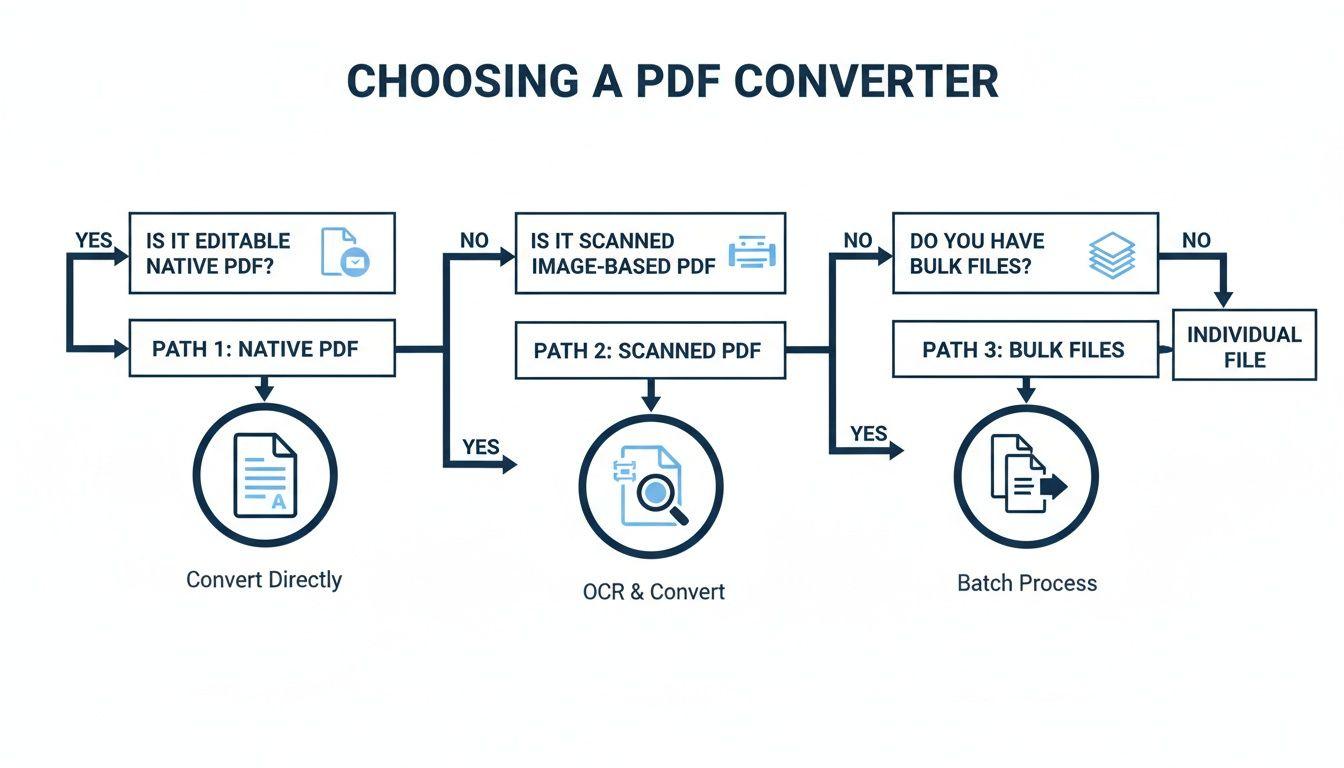 A flowchart explaining how to choose a PDF converter based on file type and quantity.