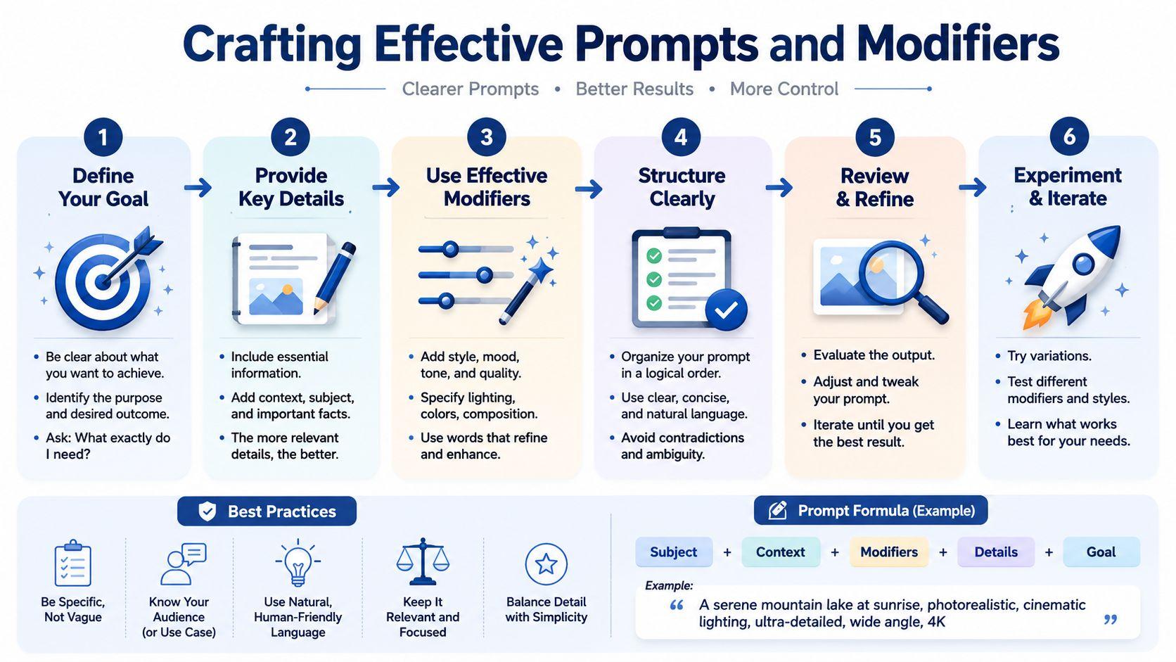 A six-step infographic guide on how to craft effective prompts and modifiers for AI image generation.
