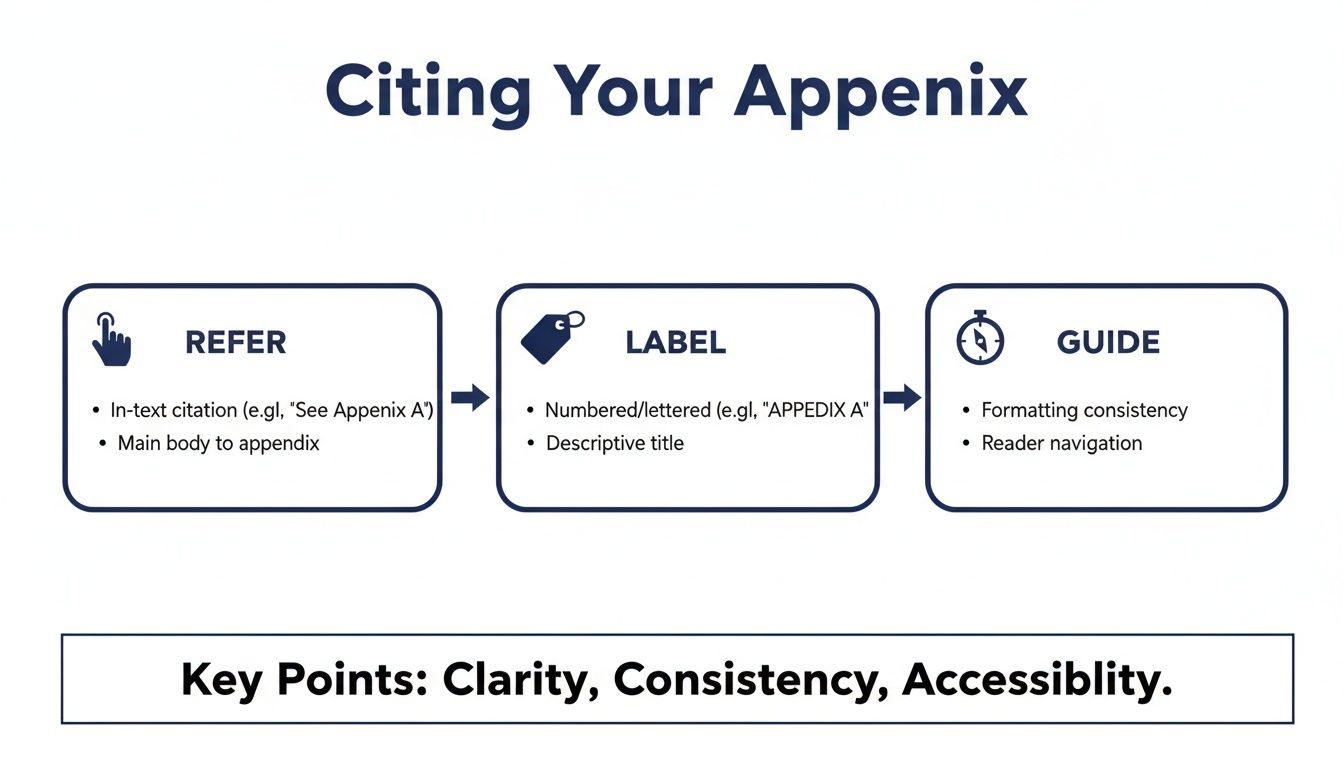 A diagram illustrating a three-step process for citing an appendix: Refer, Label, Guide, emphasizing clarity and consistency.