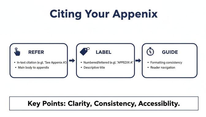 A diagram illustrating a three-step process for citing an appendix: Refer, Label, Guide, emphasizing clarity and consistency.