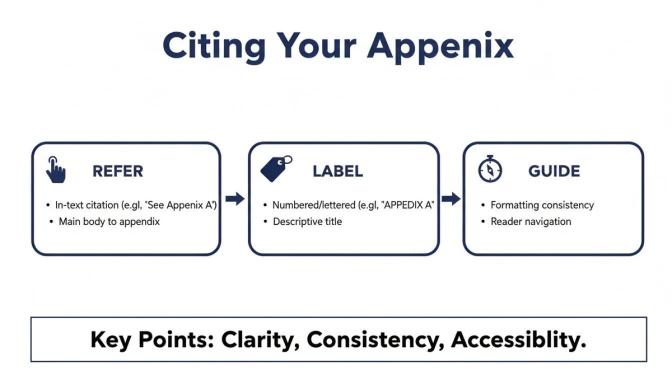 A diagram illustrating a three-step process for citing an appendix: Refer, Label, Guide, emphasizing clarity and consistency.