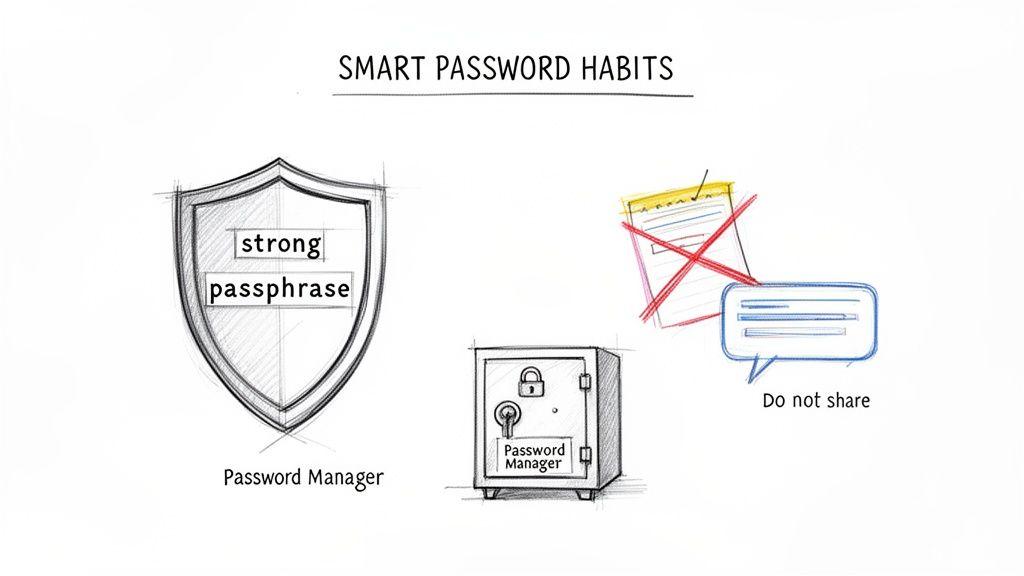 An illustration outlining smart password habits: use strong passphrases, a password manager, and do not share passwords.