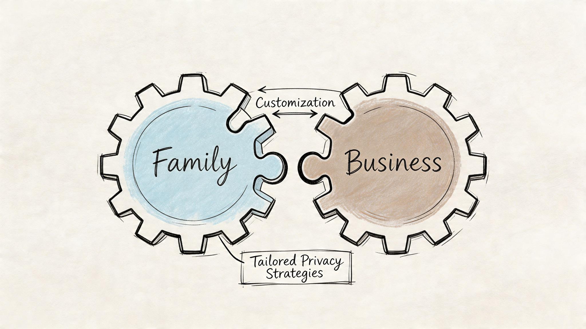 A hand-drawn illustration showing two interlocking gears labeled Family and Business with text about privacy strategies.