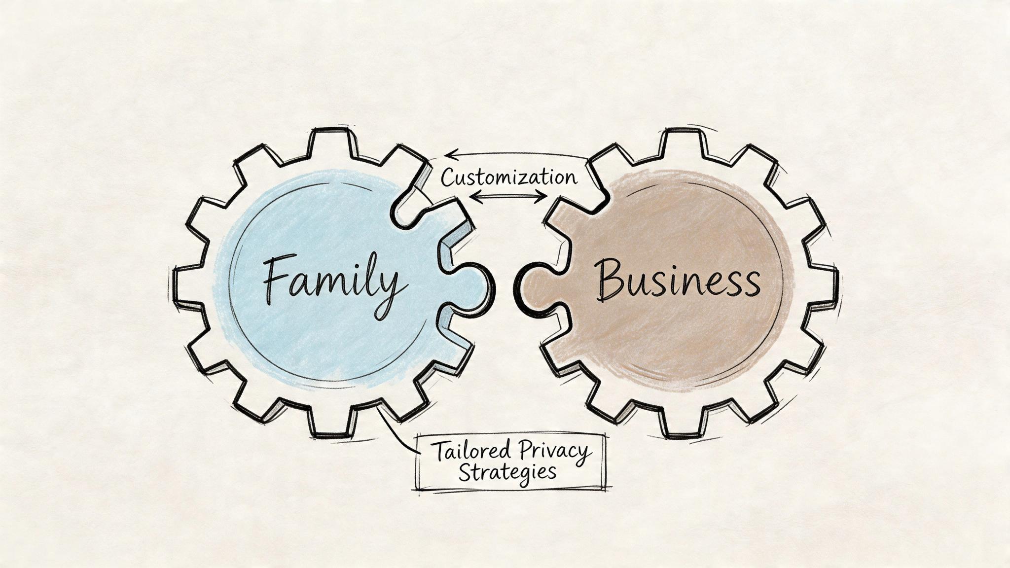 A hand-drawn illustration showing two interlocking gears labeled Family and Business with text about privacy strategies.