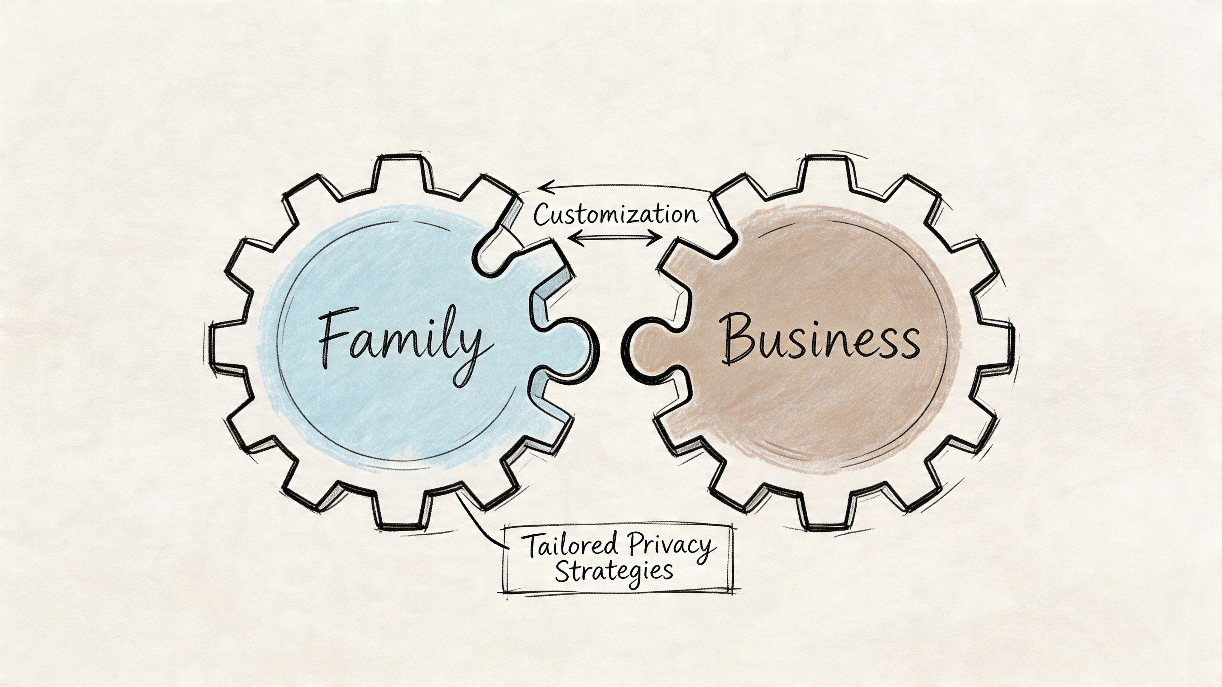 A hand-drawn illustration showing two interlocking gears labeled Family and Business with text about privacy strategies.