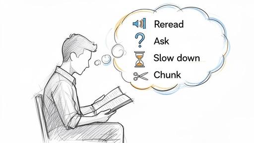 A sketch of a reader with a thought bubble detailing reading comprehension techniques: reread, ask, slow down, and chunk.