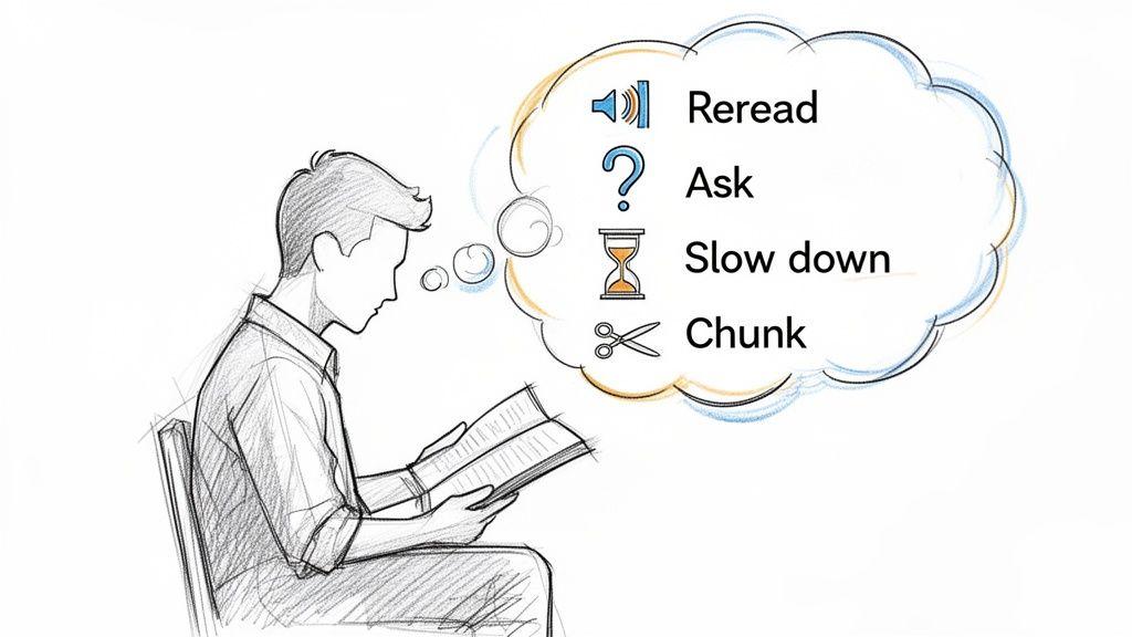 A sketch of a reader with a thought bubble detailing reading comprehension techniques: reread, ask, slow down, and chunk.
