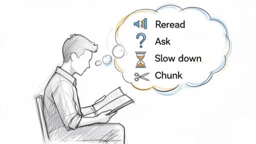 A sketch of a reader with a thought bubble detailing reading comprehension techniques: reread, ask, slow down, and chunk.