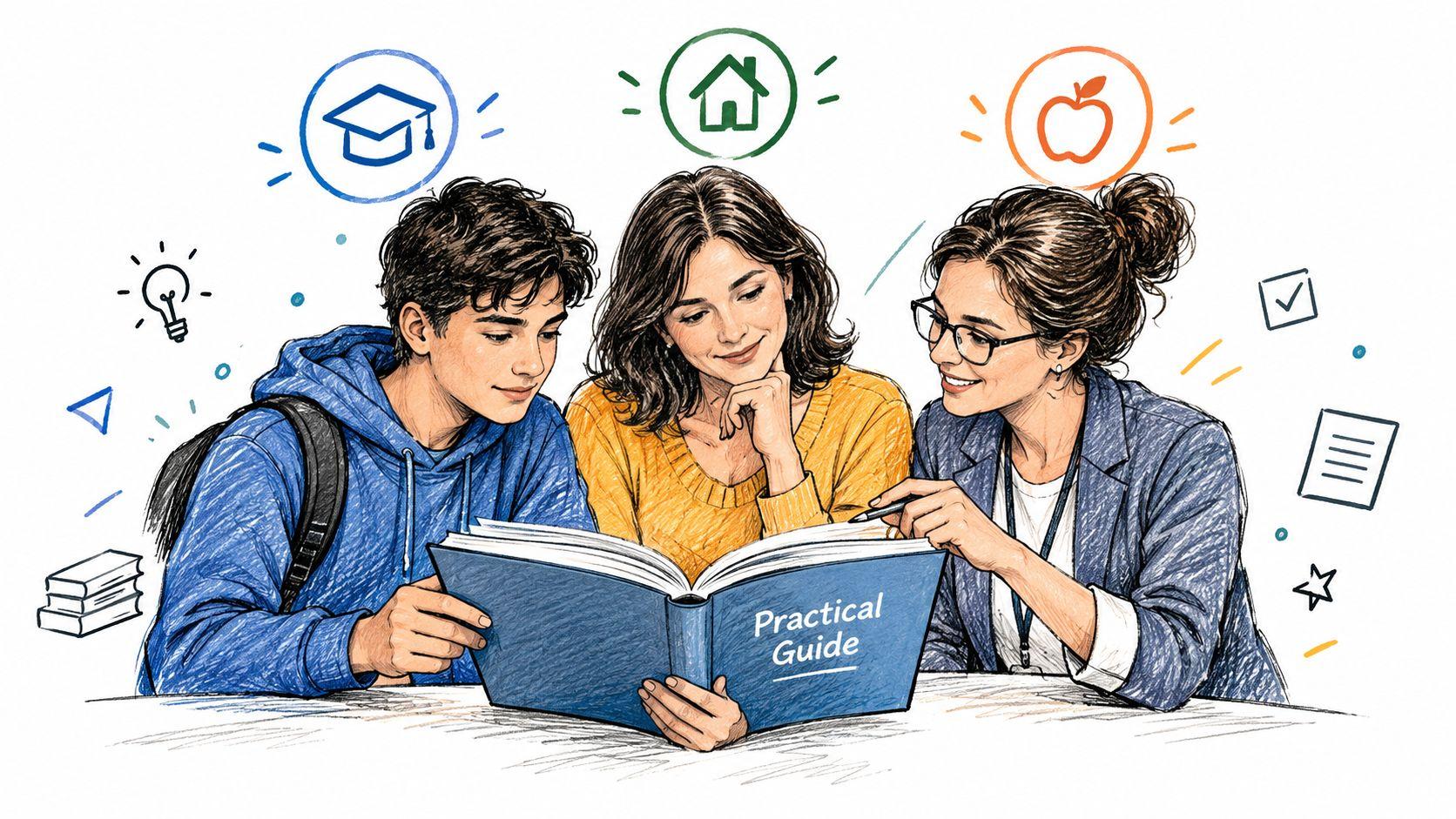A teacher or tutor explains concepts from a practical guide book to two attentive students studying together.