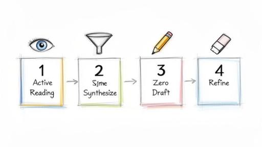 A diagram illustrating a 4-step writing process: Active Reading, Synthesize, Zero Draft, and Refine.