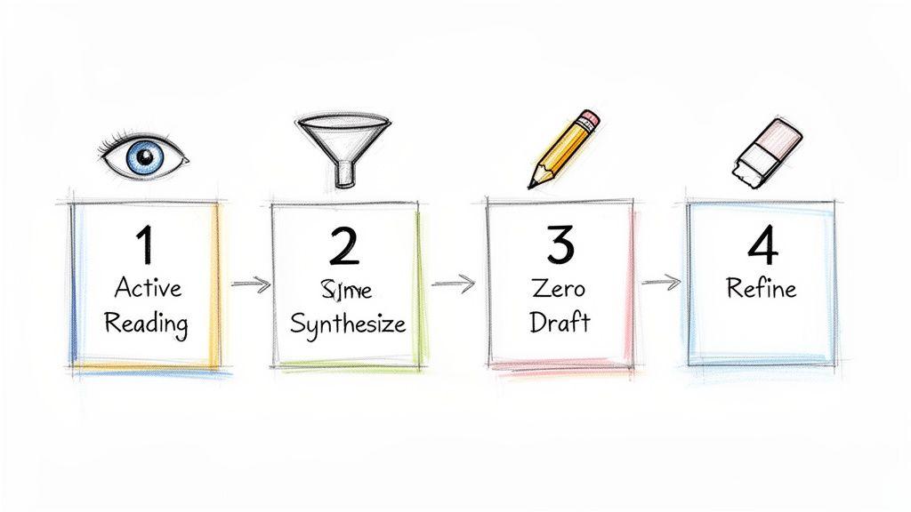 A diagram illustrating a 4-step writing process: Active Reading, Synthesize, Zero Draft, and Refine.