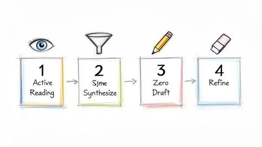 A diagram illustrating a 4-step writing process: Active Reading, Synthesize, Zero Draft, and Refine.