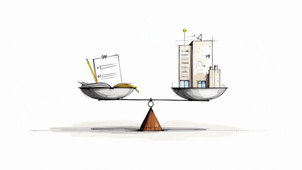 An illustration of a balanced scale showing an open book on one pan and city buildings on the other.