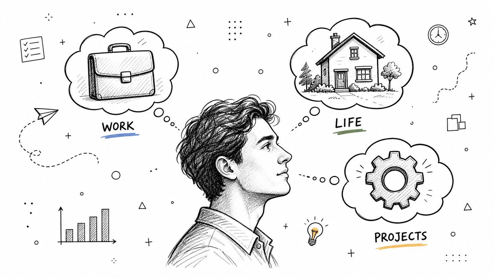 A pencil sketch of a young man visualizing work, life, and project management thoughts.