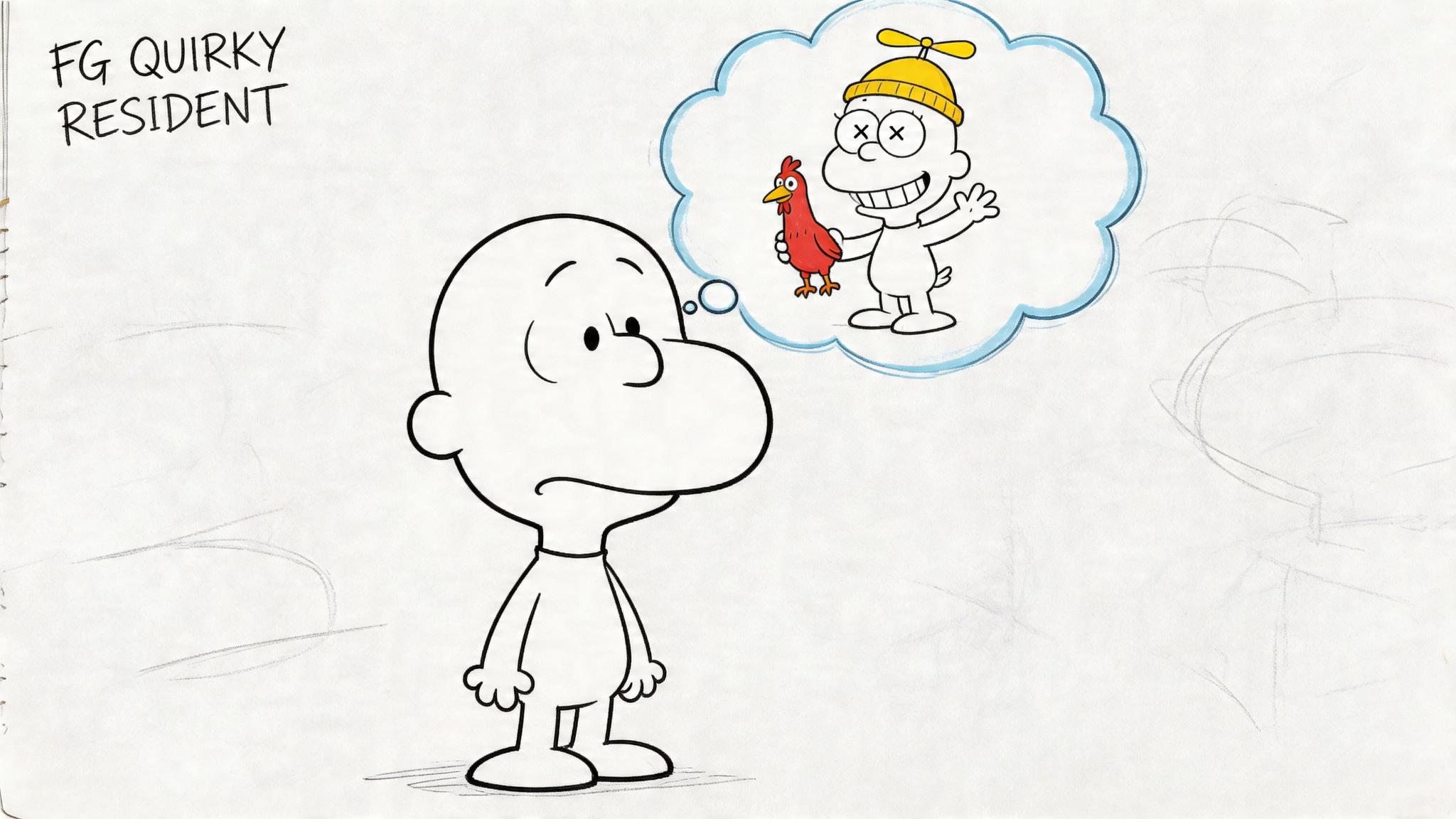 A blank line art character standing and thinking about a quirky person holding a red chicken.