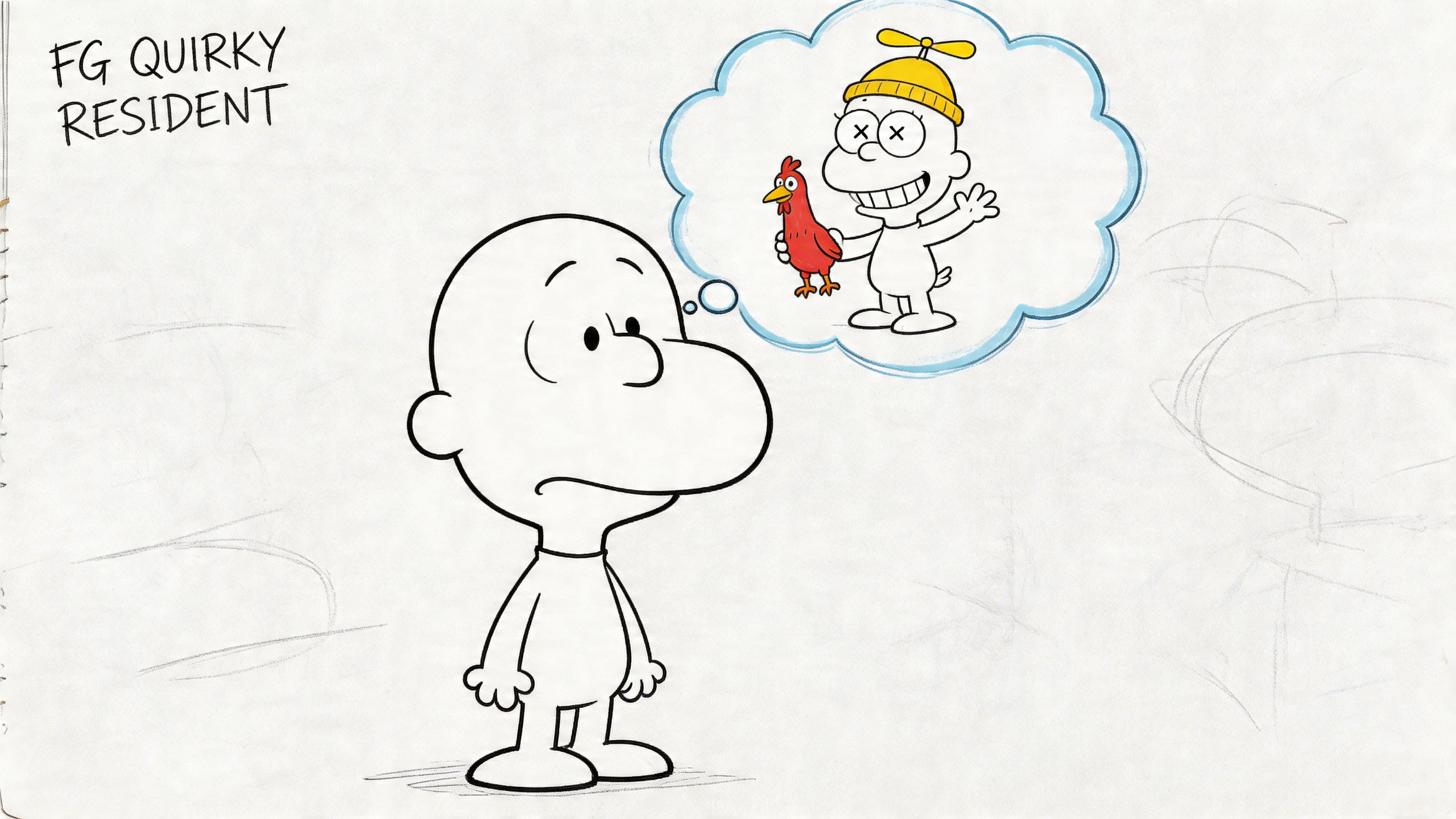 A blank line art character standing and thinking about a quirky person holding a red chicken.