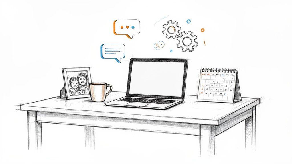 Sketch of a home office desk with a laptop, family photo, coffee mug, and work icons.