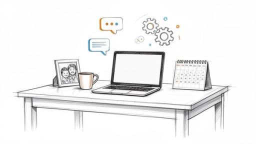 Sketch of a home office desk with a laptop, family photo, coffee mug, and work icons.