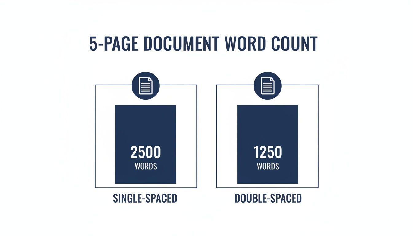 Infographic comparing word counts for 5-page single-spaced (2500 words) and double-spaced (1250 words) documents.