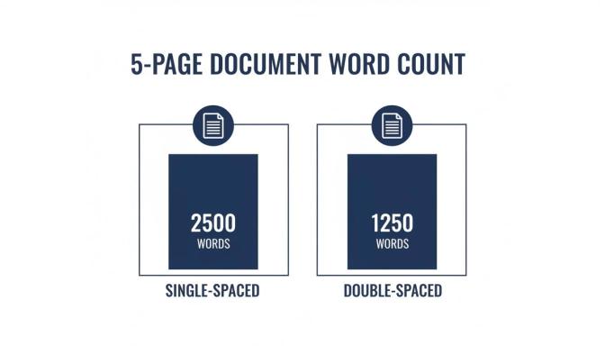 Infographic comparing word counts for 5-page single-spaced (2500 words) and double-spaced (1250 words) documents.