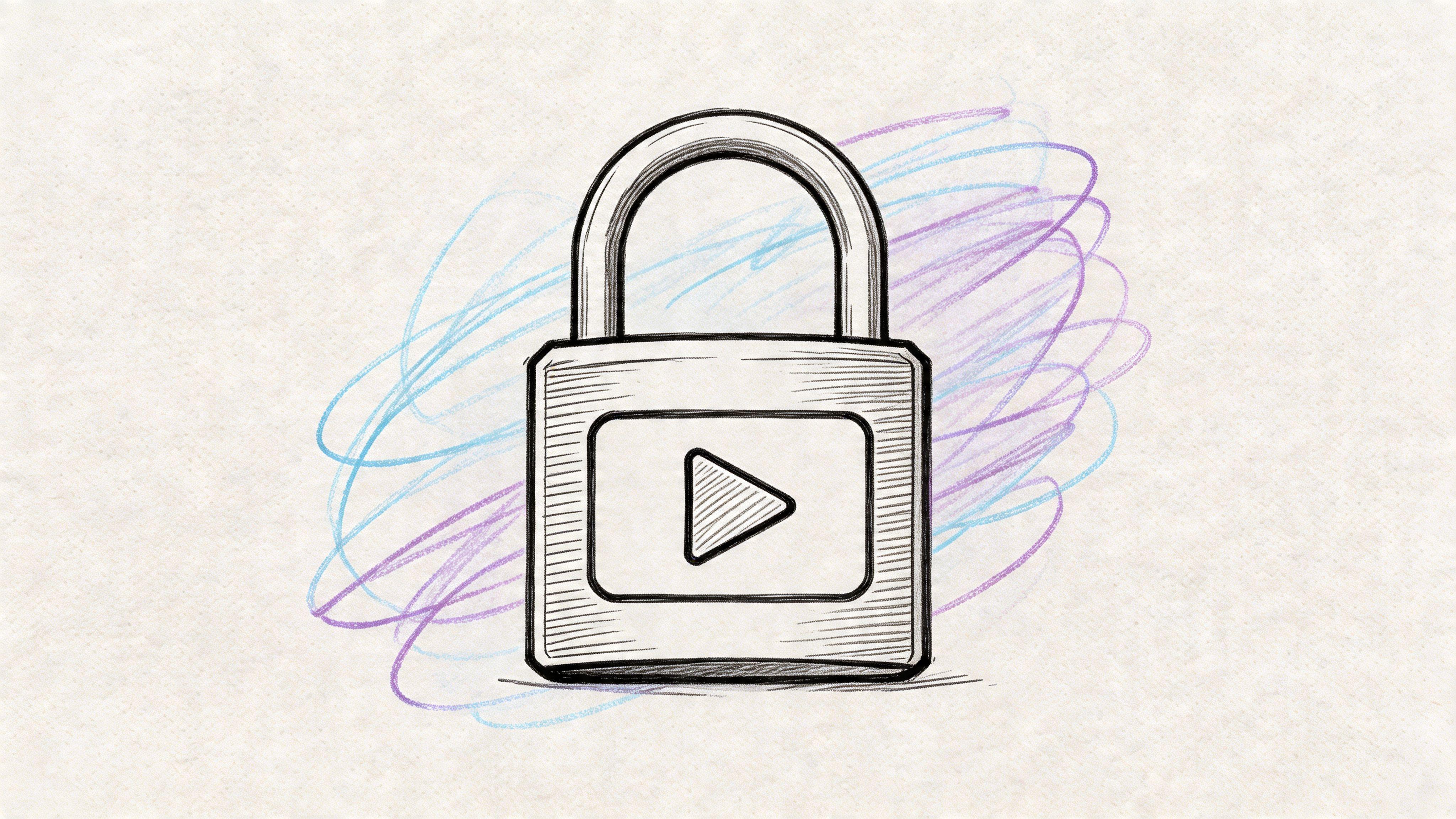 A hand-drawn sketch of a padlock featuring a YouTube play button icon on a textured background.