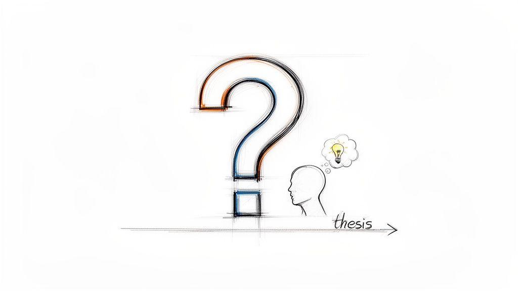 Conceptual drawing showing a question mark, a person with a lightbulb idea, and 'thesis'.