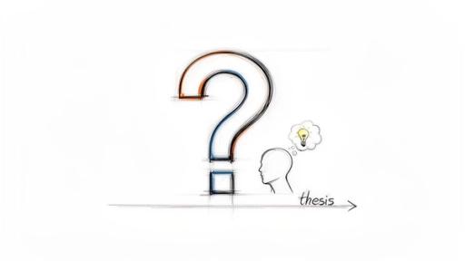Conceptual drawing showing a question mark, a person with a lightbulb idea, and 'thesis'.