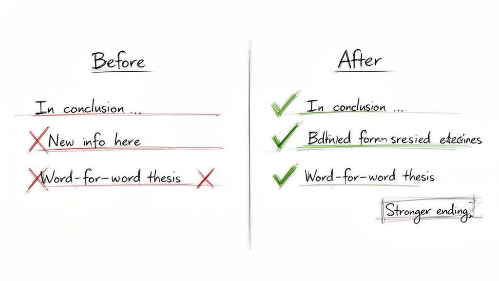 Hand-drawn comparison of bad and good practices for writing a conclusion paragraph, featuring dos and don'ts.