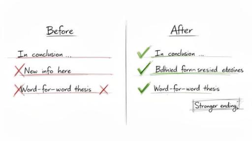 Hand-drawn comparison of bad and good practices for writing a conclusion paragraph, featuring dos and don'ts.