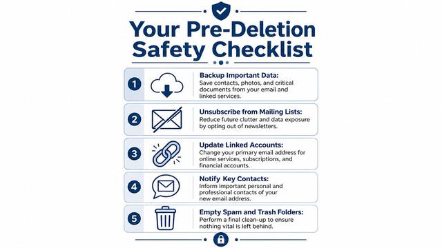 A checklist infographic outlining five essential safety steps to take before deleting an email account.