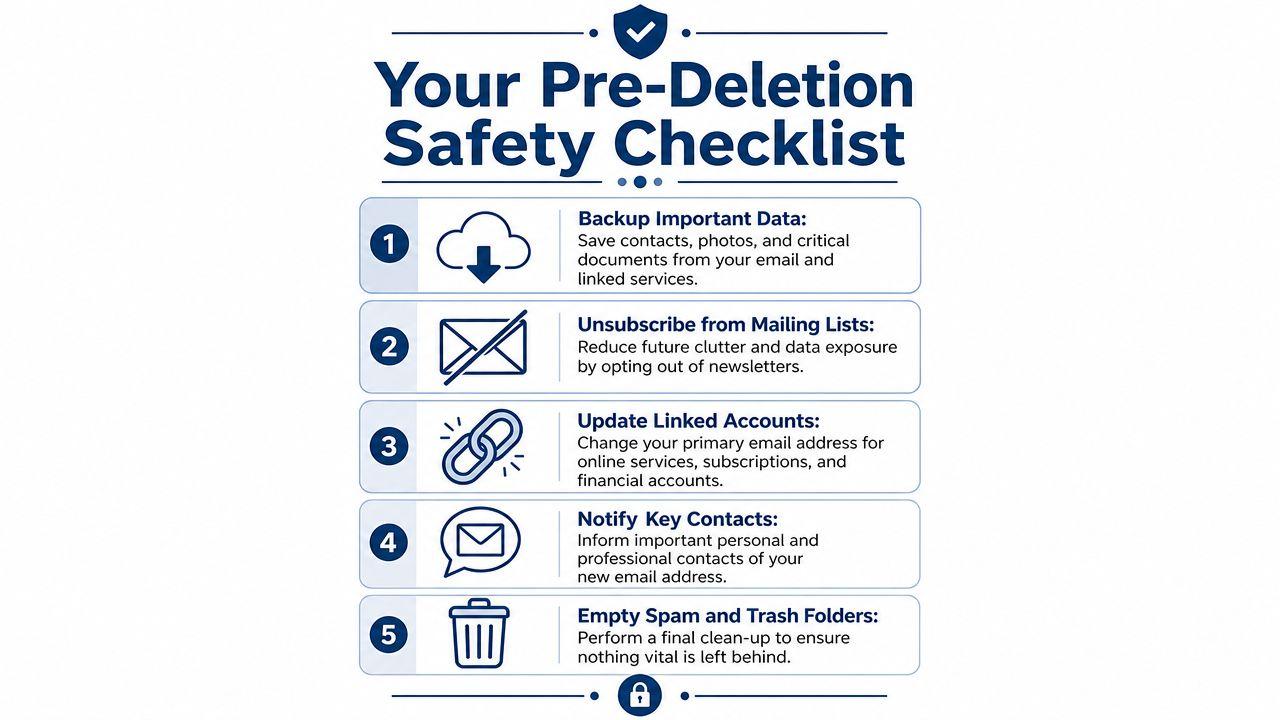 A checklist infographic outlining five essential safety steps to take before deleting an email account.