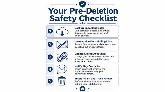 A checklist infographic outlining five essential safety steps to take before deleting an email account.