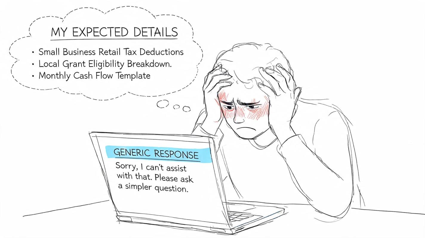 A frustrated person looking at a laptop showing a generic AI response instead of expected business information.