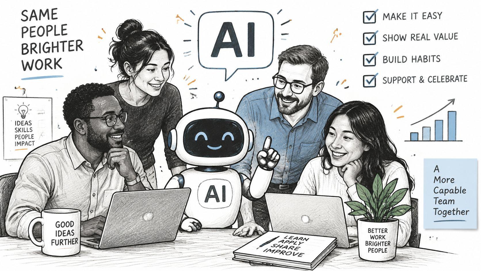 A diverse team collaborating with an AI robot assistant on business projects in a creative office space.