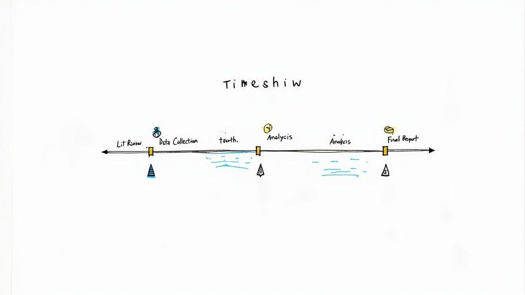 A simple, hand-drawn timeline diagram illustrating steps of a sample research project plan.